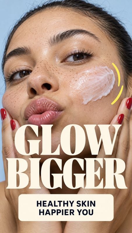 face cream on-body detail product photo: A close-up beauty portrait shows a woman with cream spread on her cheek, red nails framing her face, and bold cream-co…