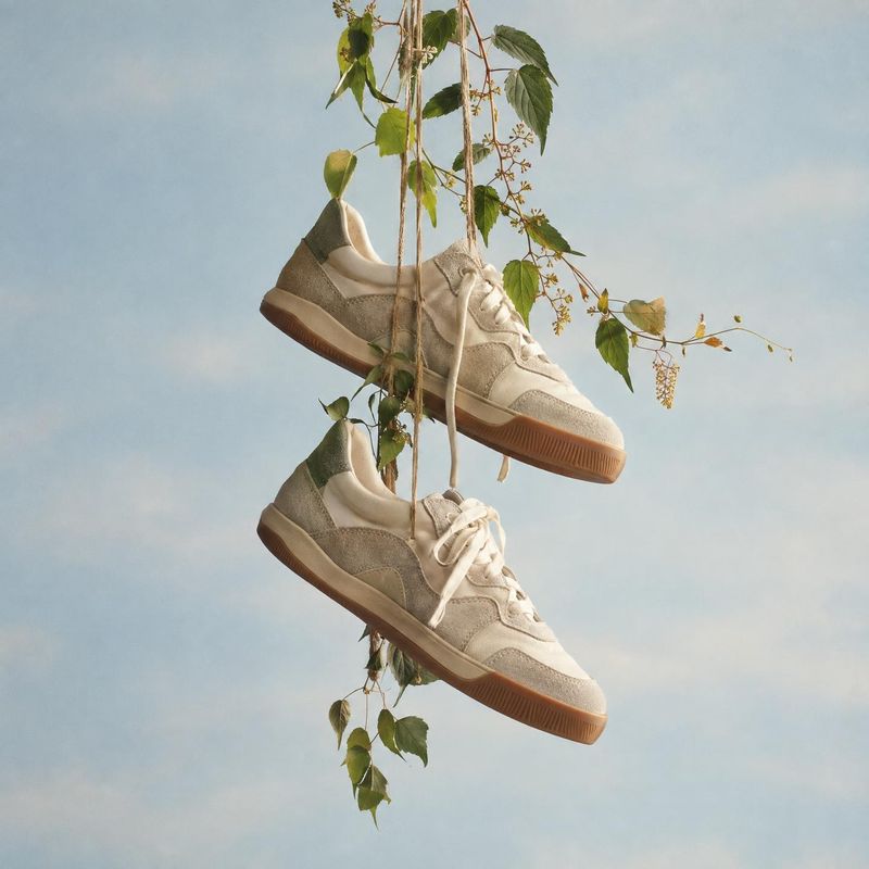 sneakers floating product product photo: Two cream and taupe sneakers hang among leafy vines against a pale blue sky, with soft natural light creating a calm,…