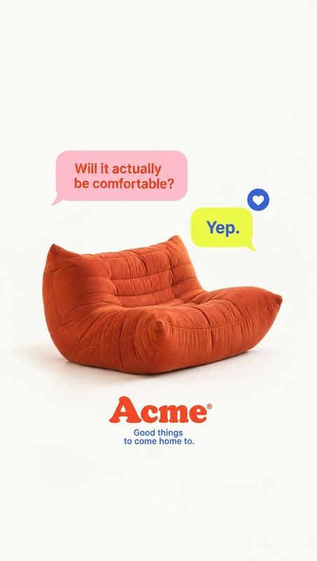 upholstered lounge chair packshot product photo: A plush rust-orange lounge chair sits on a bright white studio background beneath colorful speech bubbles and…