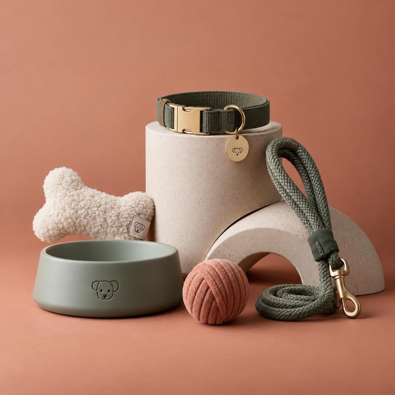 pet accessories set pet product photo: A coordinated set of pet accessories—a collar, leash, bowl, plush bone and ball—is arranged on sculptural stone props ag…