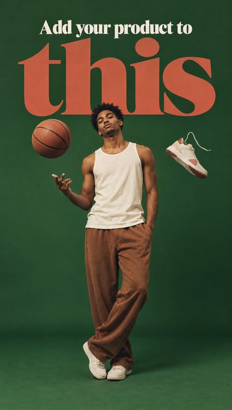 sneakers floating product product photo: A casually styled man stands against a deep green studio backdrop beneath oversized cream and coral typography, with a…