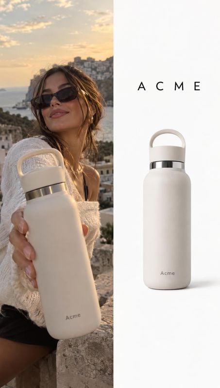 insulated water bottle lifestyle scene product photo: A woman in sunglasses holds a cream insulated bottle against a coastal hillside at golden hour, paired wi…