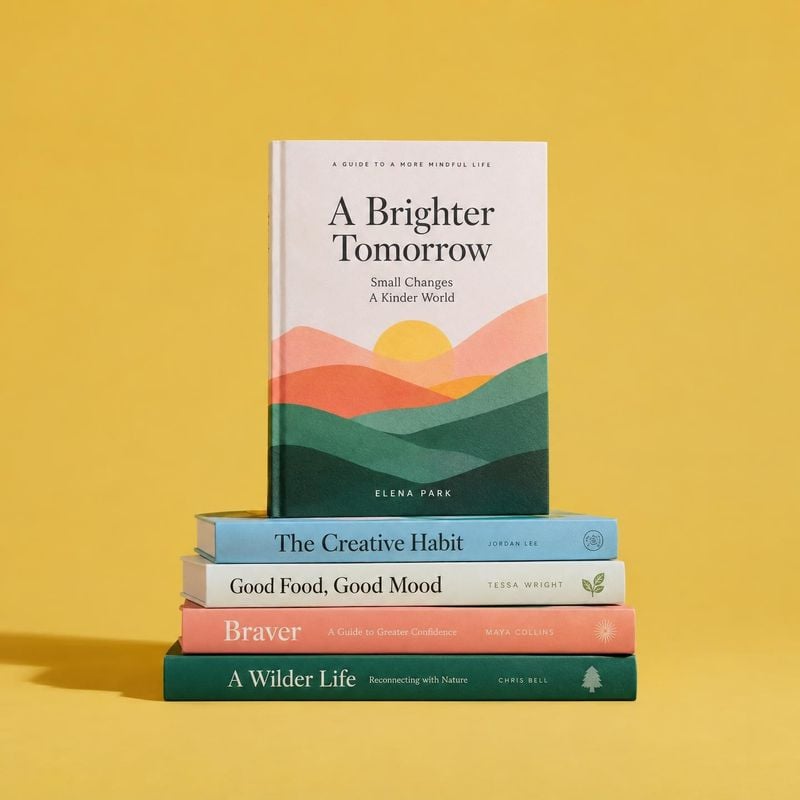 stack of books book product photo: A colorful stack of books stands against a seamless yellow studio backdrop, with the top book upright and soft directional l…