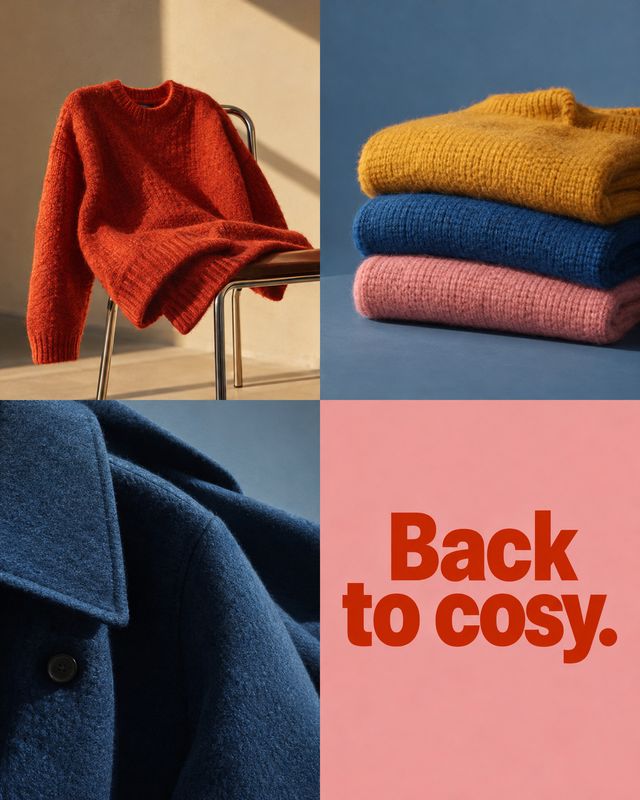 sweaters and coat close-up detail product photo: A color-blocked collage pairs a rust-red sweater draped over a chair with folded knitwear and a close-up of a…