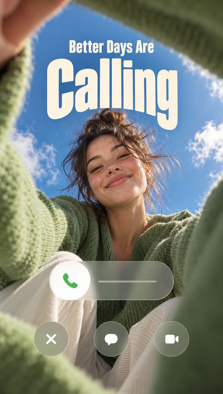 green knit sweater fashion product photo: A smiling woman in a soft green knit sweater looks down toward the camera beneath a bright blue sky, framed by a phon…