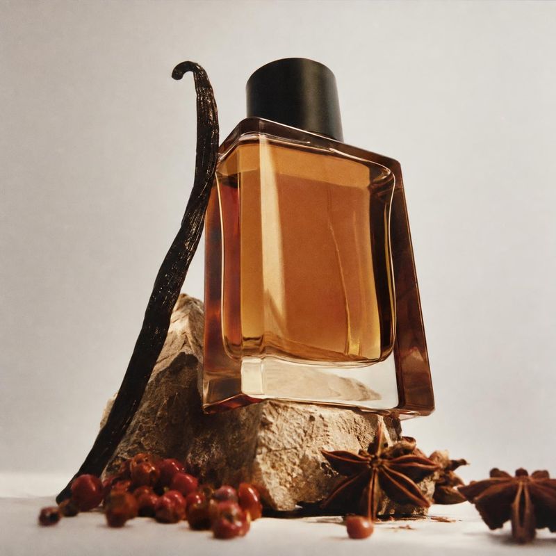 perfume ingredients product photo: An amber perfume bottle is staged among vanilla, star anise, berries, and textured rocks against a softly lit neutral studio…
