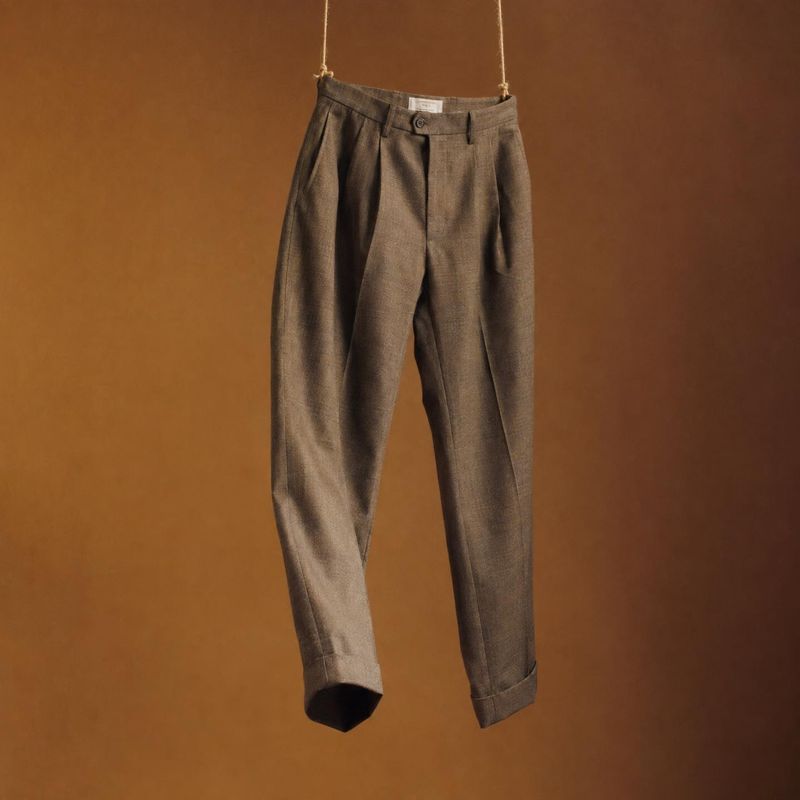 wool trousers ghost mannequin product photo: Tailored brown trousers hang from thin cords against a warm ochre studio backdrop, with soft directional light hig…