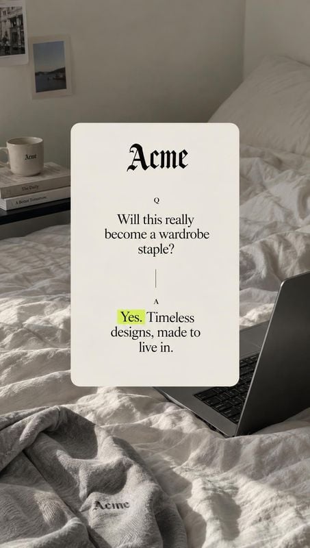 sweatshirt lifestyle scene product photo: A folded logo sweatshirt rests on rumpled white bedding beside a laptop, while a cream Q&A card with black type and a…