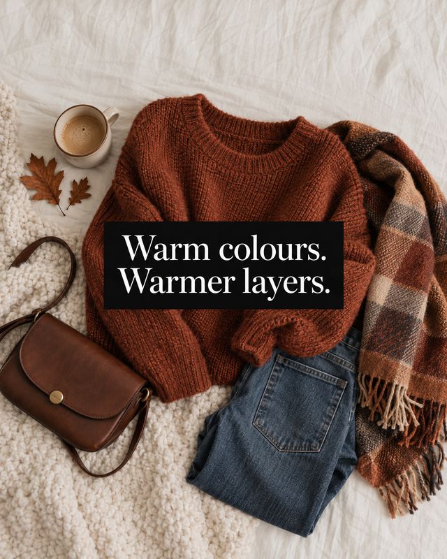 rust knit sweater autumn product photo: A rust-colored knit sweater, jeans, a plaid scarf, and a brown leather bag are arranged on a cream textured surface wit…