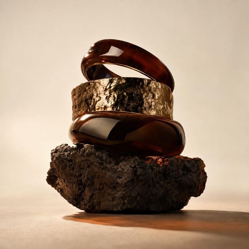 amber-toned bangles black friday product photo: Glossy amber-toned bangles are stacked among rugged stone-like forms against a warm cream studio backdrop, with…