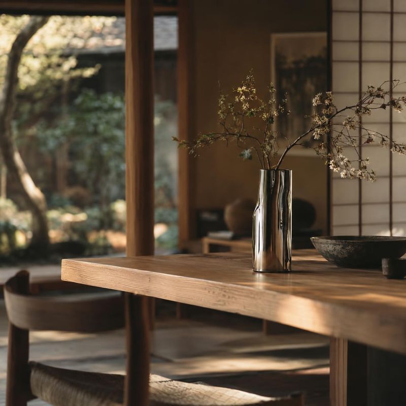 metal vase lifestyle scene product photo: A reflective metal vase holding delicate flowering branches sits on a wooden dining table in a serene, Japanese-inspi…