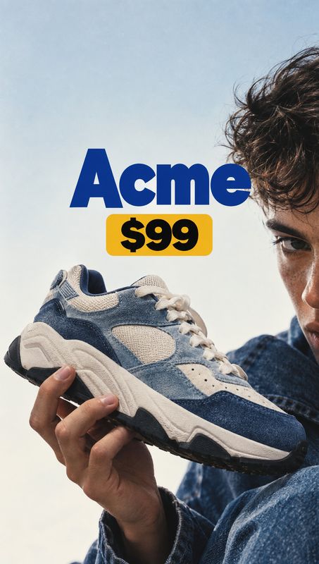 sneaker close-up detail product photo: A man in a denim jacket holds a blue-and-beige sneaker against a pale open sky, with bold blue and yellow price typograp…