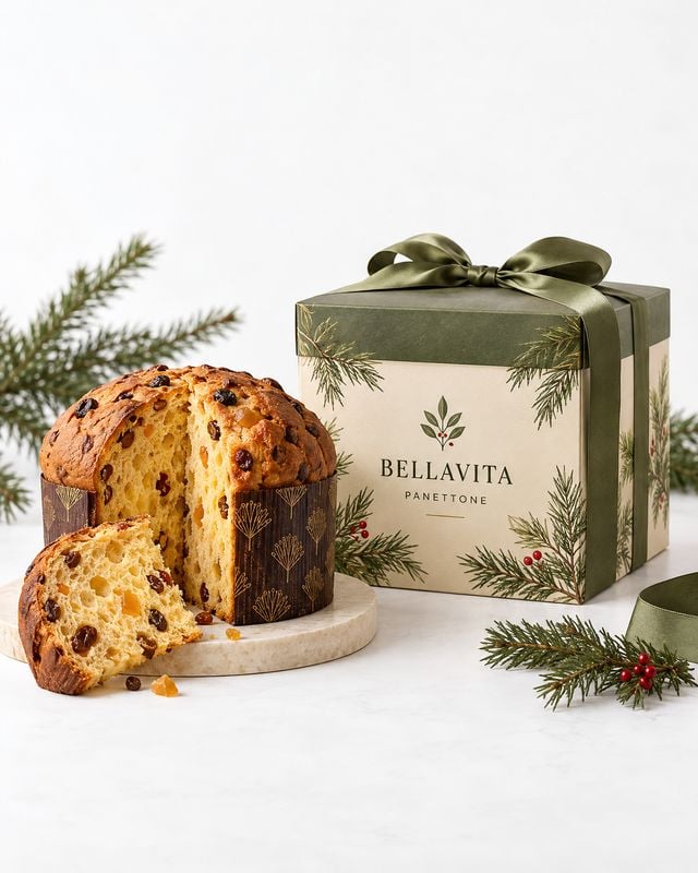 panettone christmas product photo: A sliced fruit-studded panettone sits beside a ribbon-tied holiday gift box on a pale surface, with evergreen sprigs and sof…