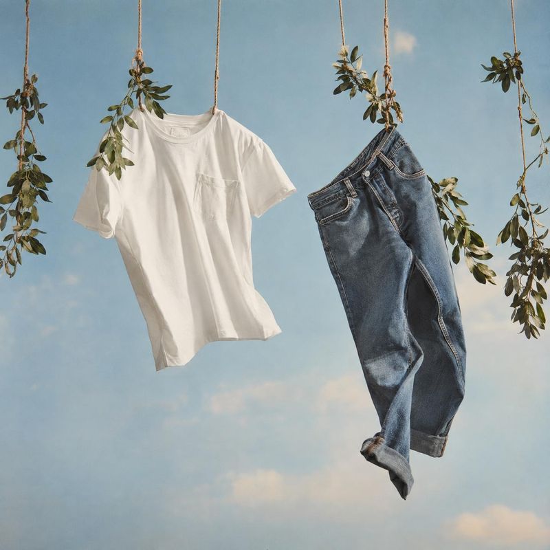 white T-shirt and blue jeans ghost mannequin product photo: A white T-shirt and cuffed blue jeans hang from ropes against a pale blue sky, framed by leafy bran…