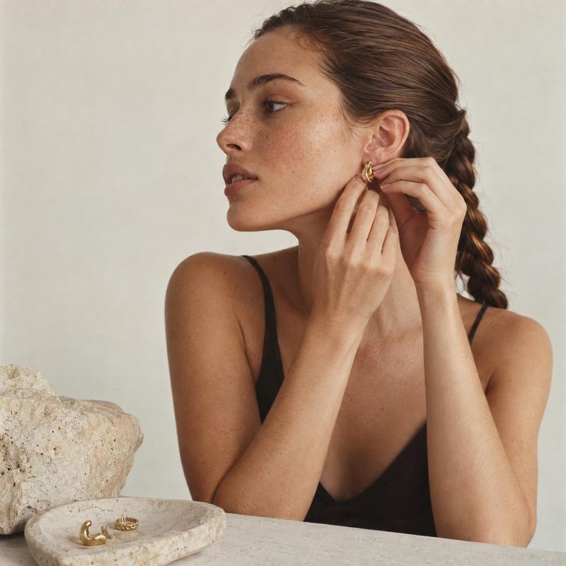 gold earrings on-body detail product photo: A woman in a black top fastens a gold earring beside a pale stone display, photographed against a softly lit neutra…