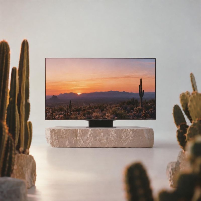 television electronics product photo: A slim television displaying a desert sunset sits on a pale stone pedestal among tall cacti in a softly lit, warm-toned s…