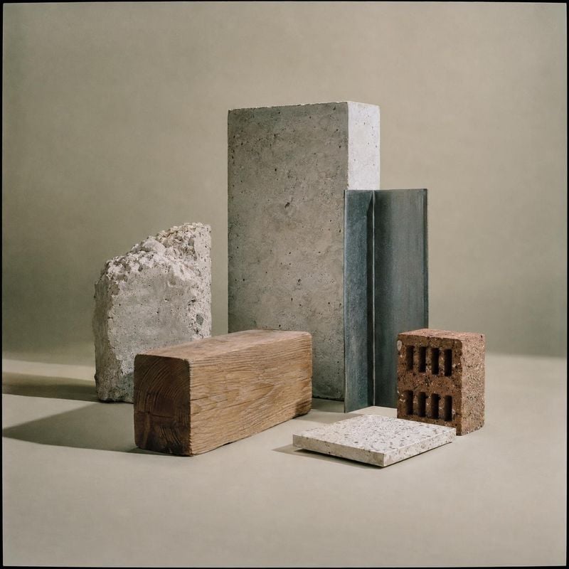 building material samples texture / swatch product photo: Concrete, stone, wood, metal and brick samples are arranged as a sculptural still life against a warm…
