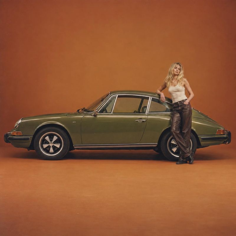 vintage sports car vehicle exterior product photo: A blonde model in a cream tank top and dark leather trousers leans against a vintage olive-green sports car…