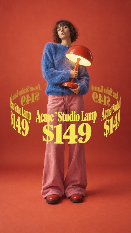 studio lamp home product photo: A woman in a fuzzy blue sweater and pink trousers holds a glowing red studio lamp against a warm red backdrop, with oversized y…