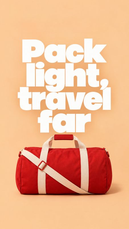 duffel bag packshot product photo: A bright red duffel bag with cream straps sits against a warm peach studio backdrop beneath oversized white lettering, creat…