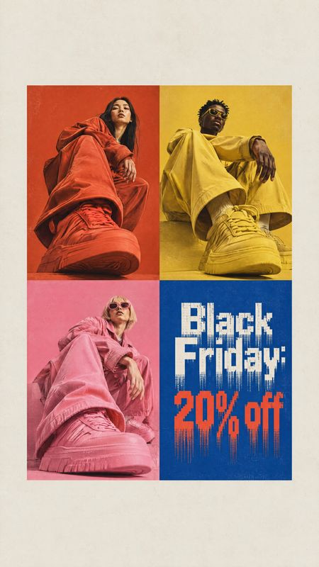 sneakers on-body detail product photo: A graphic Black Friday promotion pairs low-angle portraits of models in oversized streetwear and chunky sneakers against…