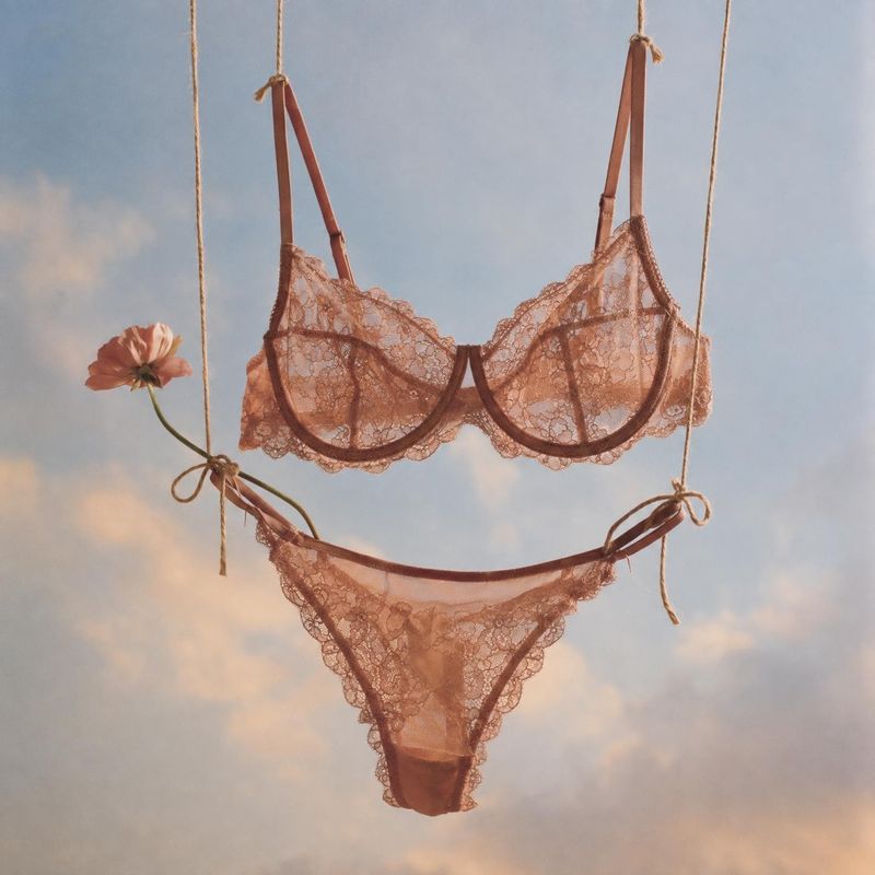 lace lingerie set ghost mannequin product photo: A blush lace bra and matching briefs hang from fine ropes against a softly clouded blue sky, with a small flow…