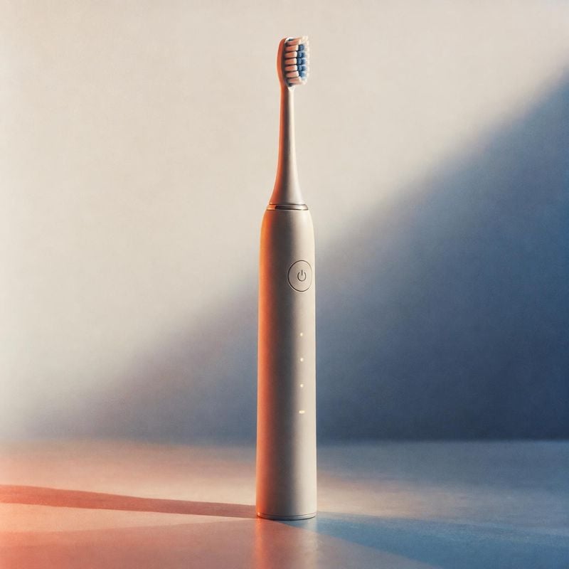 electric toothbrush personal care product photo: A sleek rose-gold electric toothbrush stands upright against a softly lit blue-and-peach studio backdrop, crea…