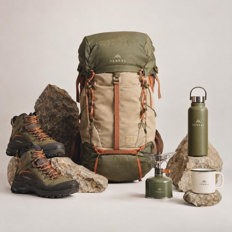 outdoor gear set sports product photo: A hiking backpack, boots, bottle, camp stove and mug are arranged among rocks against a warm neutral studio backdrop, cr…