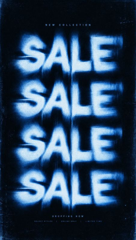 black friday product photo: A vertical dark-blue graphic repeats glowing, blurred SALE lettering beneath small NEW COLLECTION text, creating a bold, high-contr…
