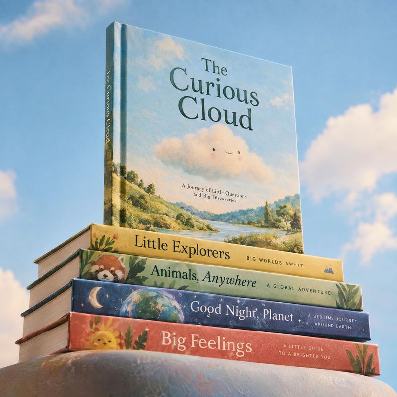 children’s books book product photo: A colorful stack of illustrated children’s books rises against a dreamy blue sky, with gentle daylight and a playful, whim…