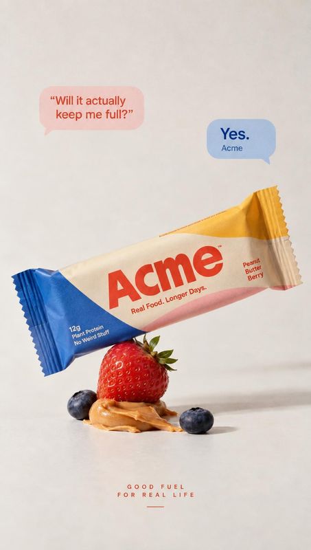 peanut butter berry protein bar floating product product photo: A colorful Acme protein bar floats above strawberries, blueberries, and peanut butter on a soft…