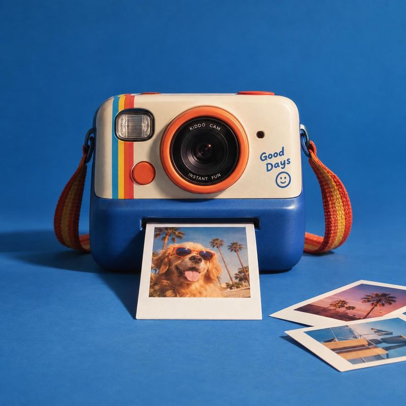 instant camera electronics product photo: A cream-and-blue instant camera with a colorful strap and sample prints is staged against a vivid blue studio backdro…