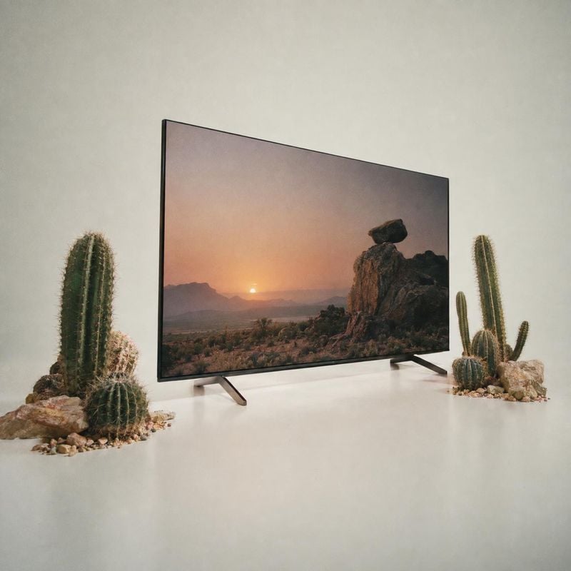 television electronics product photo: A widescreen television displaying a warm desert sunset is staged on a pale seamless surface between sculptural cacti and…