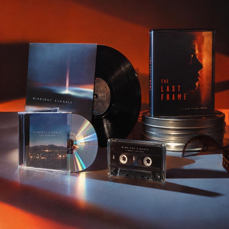 music and film media collection book product photo: Vinyl, CD, cassette, and film case editions are arranged as a moody media collection on a reflective surfac…