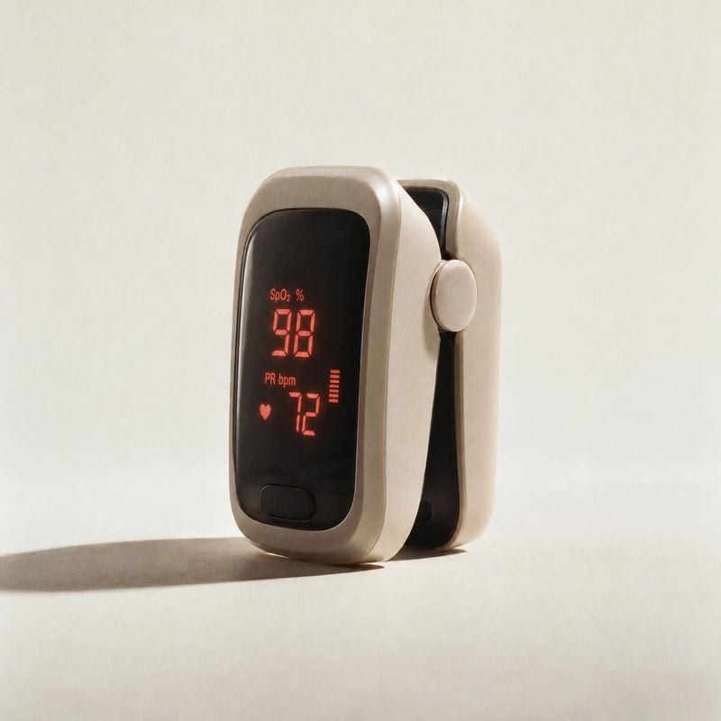 finger pulse oximeter personal care product photo: A beige finger pulse oximeter stands upright on a pale seamless surface, its red readings glowing against th…