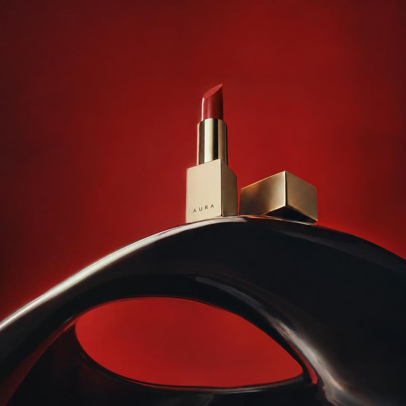 lipstick black friday product photo: A gold-cased lipstick stands on a glossy black sculptural surface against a deep red backdrop, with dramatic highlights an…