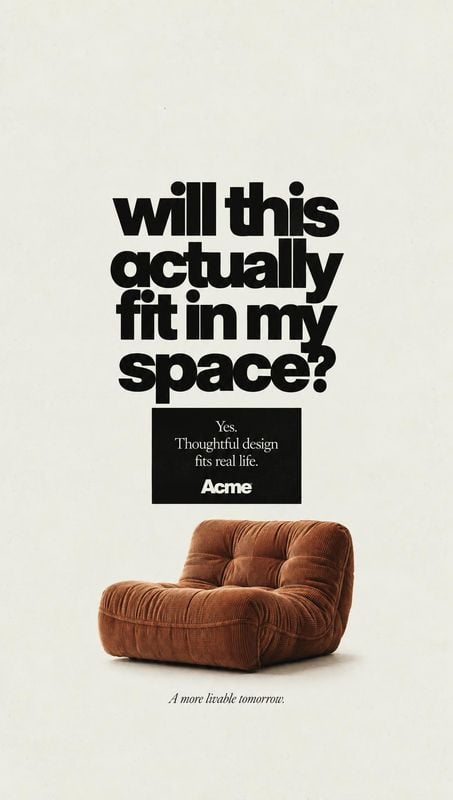 upholstered chair home product photo: A rust-brown upholstered lounge chair sits against a warm off-white studio backdrop beneath bold black headline typograph…