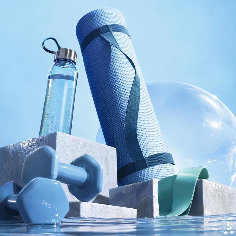 yoga mat and fitness accessories sports product photo: A rolled blue yoga mat, water bottle, dumbbells, and resistance band are arranged on sculptural blocks b…