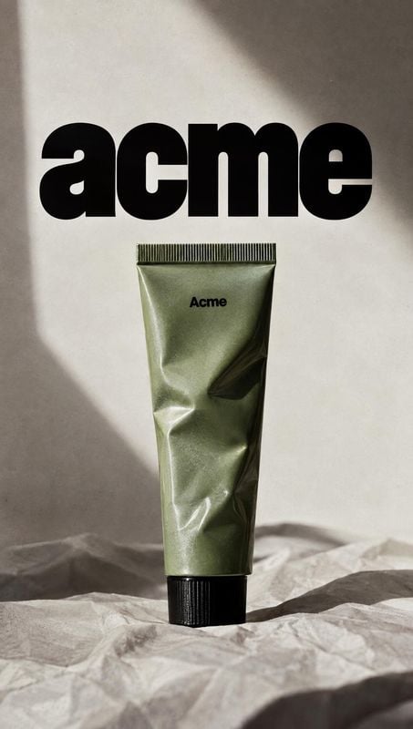 skincare tube packshot product photo: A metallic green skincare tube stands on crumpled paper beneath oversized black lettering, with directional studio light…