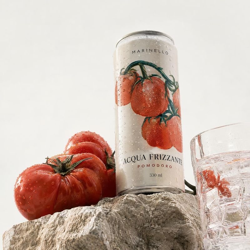 tomato sparkling water ingredients product photo: A chilled can of tomato sparkling water stands among fresh tomatoes, a glass and rough stone against a bright…