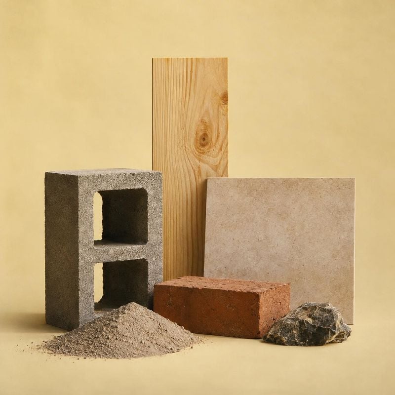 building material samples texture / swatch product photo: A cinder block, brick, timber, stone, tile, and a mound of aggregate are arranged against a warm beig…