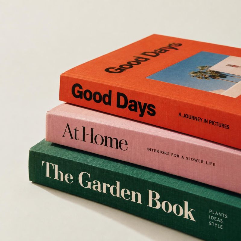 stack of books book product photo: Three colorful hardcover books are stacked at an angle against a warm off-white background, with soft studio lighting and a…