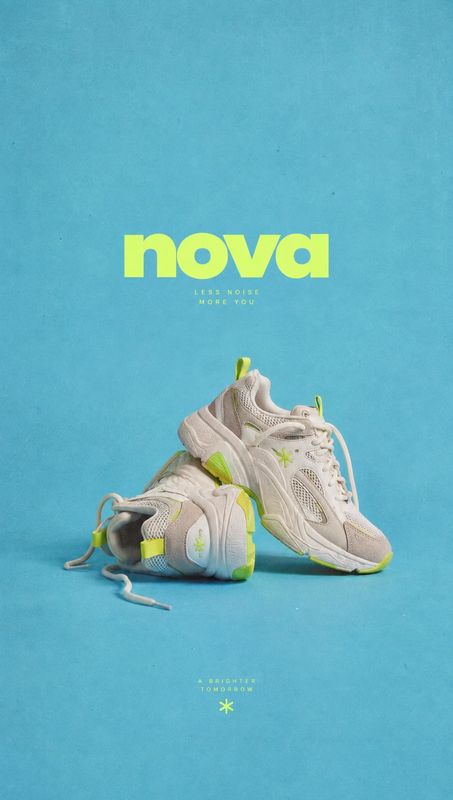 sneakers packshot product photo: A pair of chunky white sneakers with lime accents is stacked against a vivid turquoise studio backdrop, with bold lime typogra…