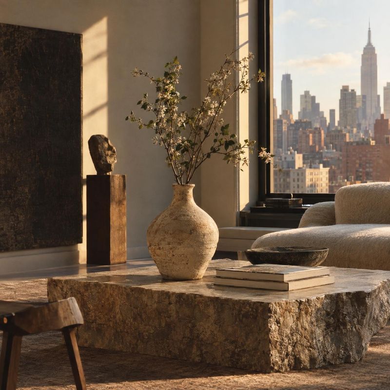 stone coffee table interior space product photo: A sculptural stone coffee table anchors a warm, art-filled living room, with a ceramic vase and books softly l…
