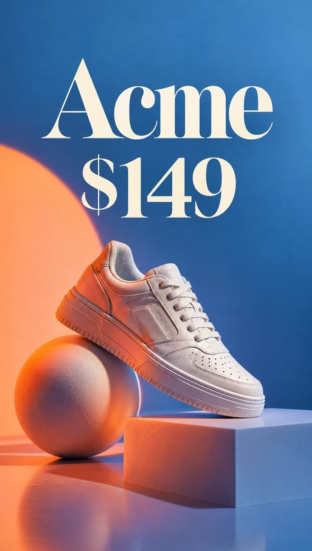 sneaker packshot product photo: A white low-top sneaker rests on geometric plinths beside a sphere, lit in vivid orange and blue against a bold abstract backdr…