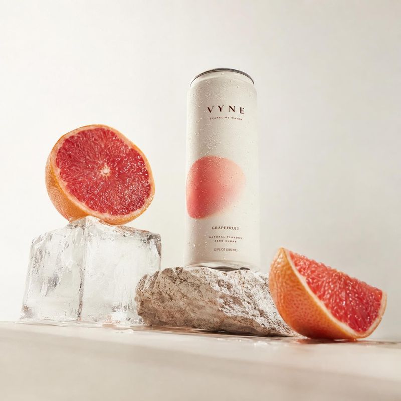 grapefruit sparkling water ingredients product photo: A chilled can of grapefruit sparkling water is arranged with grapefruit halves, ice, and stone on a pale…