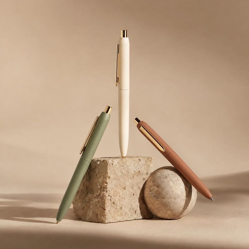 pens stationery product photo: Three slim pens in muted green, cream, and terracotta are arranged upright and leaning against sculptural stone blocks on a warm…