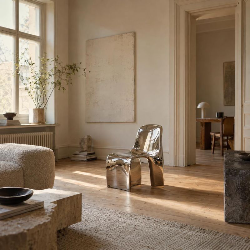 chair interior space product photo: A sculptural reflective chair anchors a serene, cream-toned living room, lit by warm sunlight across wood floors and textur…