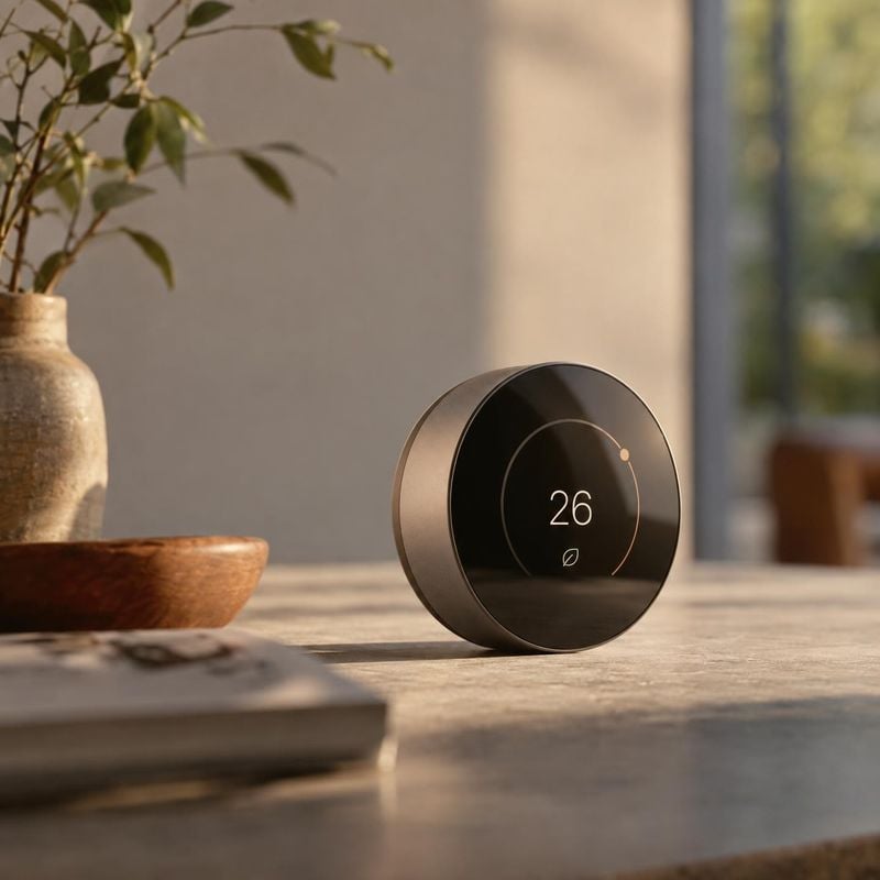 smart thermostat lifestyle scene product photo: A minimalist round smart thermostat sits on a sunlit wooden table beside a ceramic vase and bowl, with warm nat…