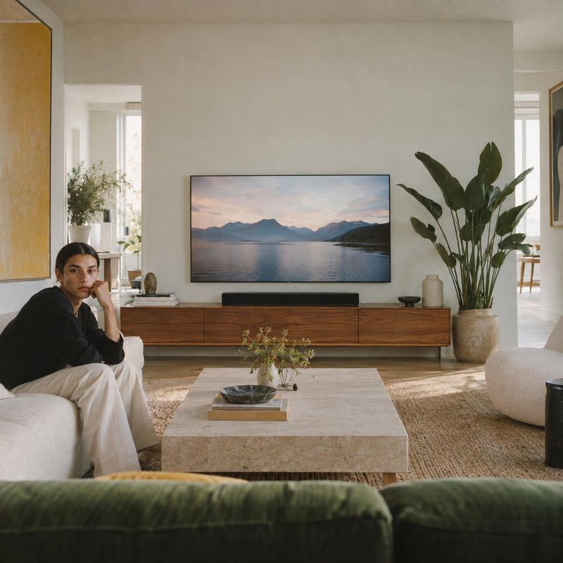 television interior space product photo: A man sits on a cream sofa in a softly lit, neutral living room, with a television displaying a mountain lake above a…